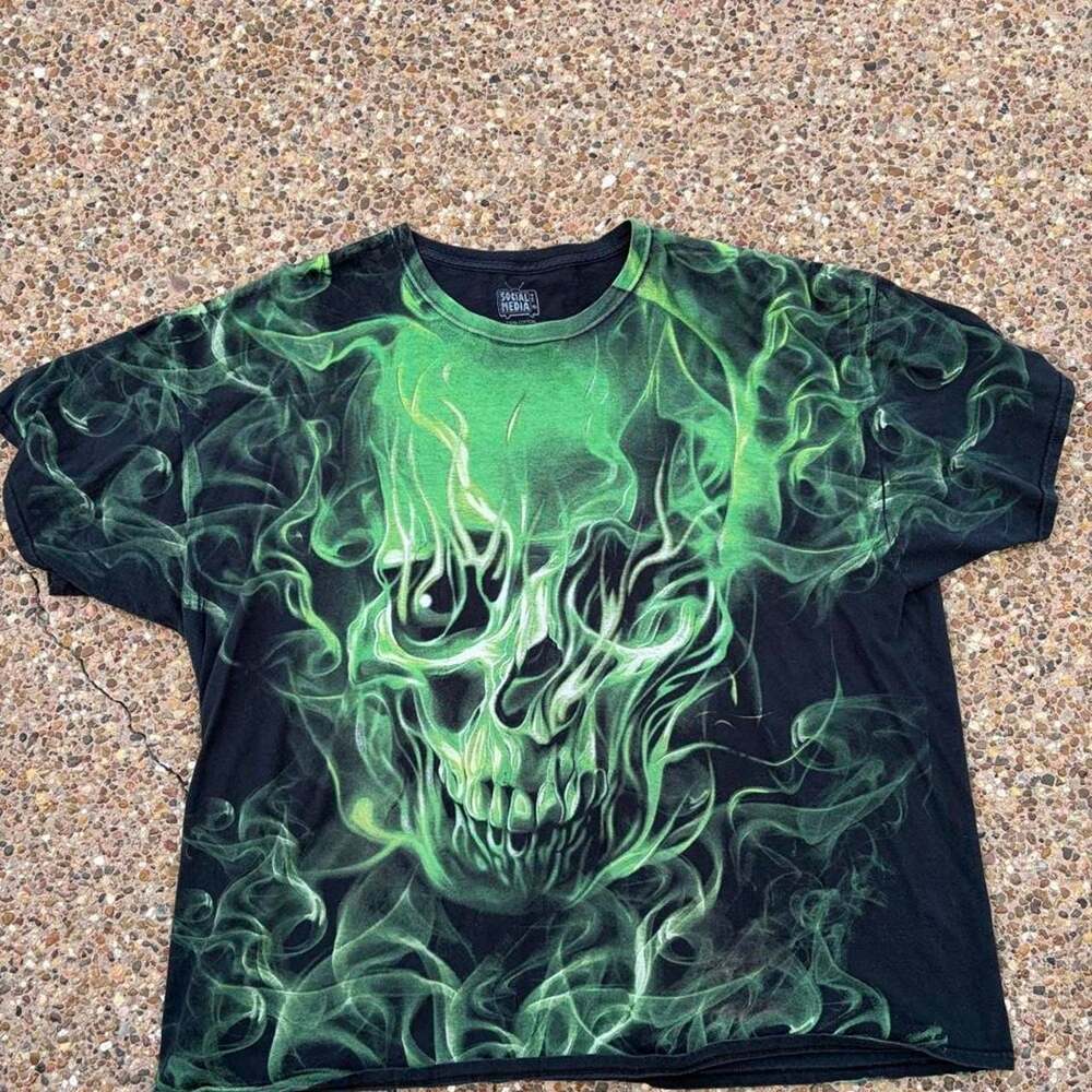 Social Media Y2K Green Skull Flame T-Shirt Black 3XL